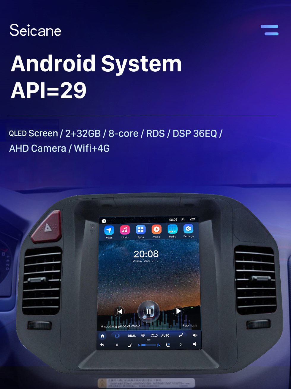 Seicane OEM Android 10.0 für 2008 Mitsubishi Pajero V73 mit 9,7-Zoll-Bluetooth-HD-Touchscreen GPS-Navigationssystem Carplay-Unterstützung 360°-Kamera DAB+ DSP OBD2 DVR