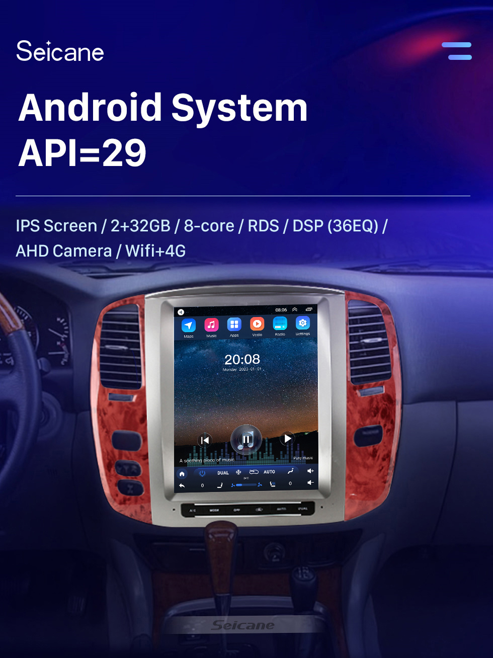 Seicane OEM 12,1-дюймовый Android 10.0 Радио для TOYOTA LAND CRUISER 100 2002-2007 LEXUS LX470 2003-2007 Bluetooth HD Сенсорный экран Поддержка GPS-навигации Carplay Задняя камера TPMS