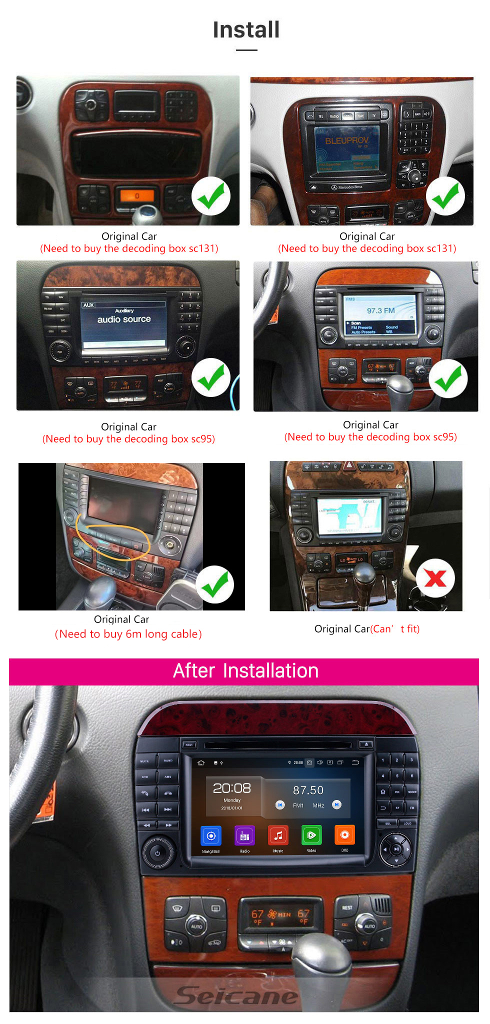 Seicane Android 12.0 1998-2005 Mercedes Benz S Class W220/S280/S320/S320 CDI/S400 CDI/S350/S430/S500/S600/S55 AMG/S63 AMG/S65 AMG 7 inch HD Touchscreen GPS Navigation Radio with Carplay Bluetooth support DVR