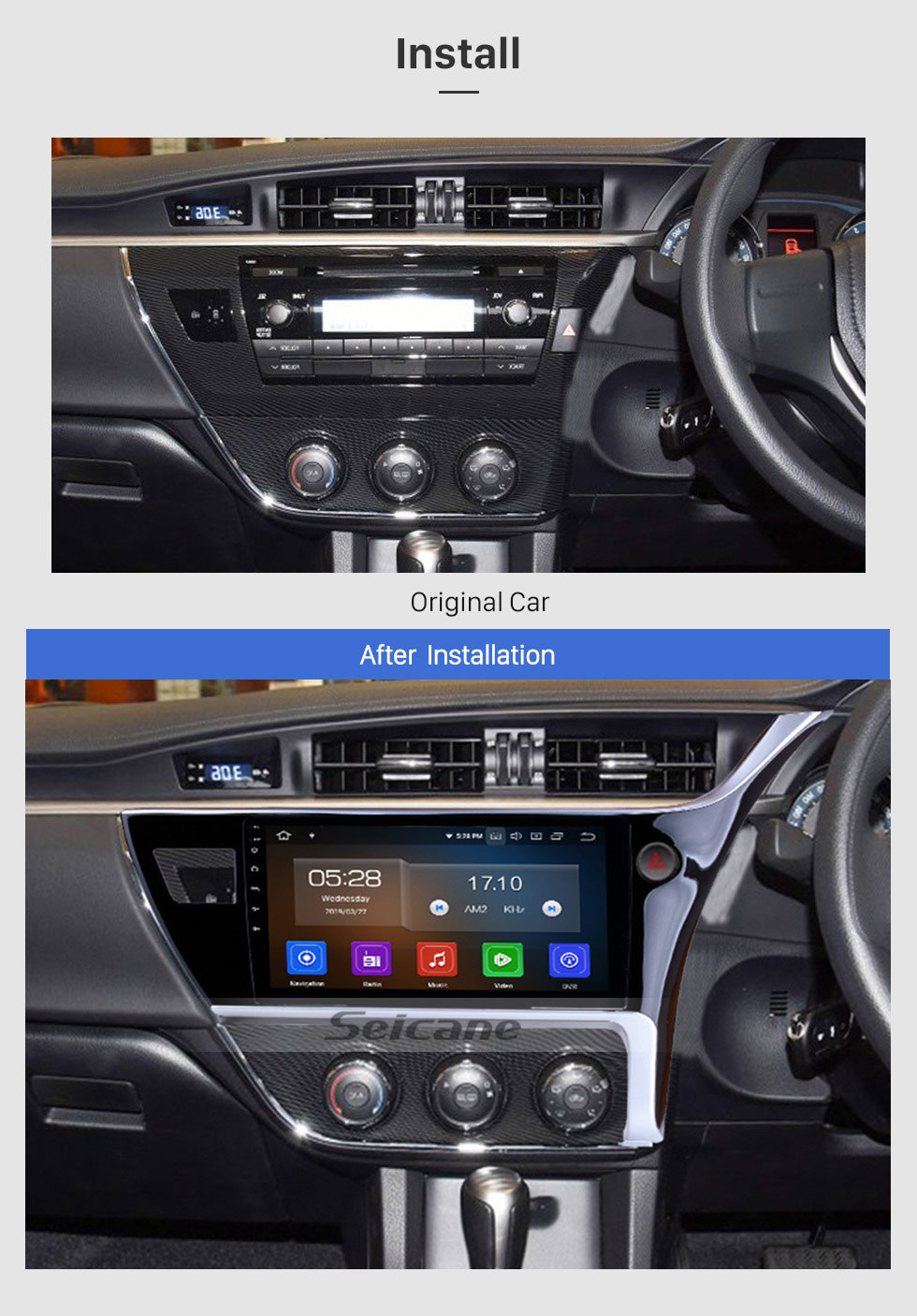 Seicane 10,1 pouces HD écran tactile radio système de navigation GPS pour 2017 Toyota Corolla main droite Android 9.0 conduite voiture unité de la tête Soutien au volant Contrôle Bluetooth Vedio Carplay 3G / 4G Wifi DVR Seicane 10,1 pouces HD écran tactile radio système de navigation GPS pour 2017 Toyota Corolla main droite Android 9.0 conduite voiture unité de la tête Soutien au volant Contrôle Bluetooth Vedio Carplay 3G / 4G Wifi DVR