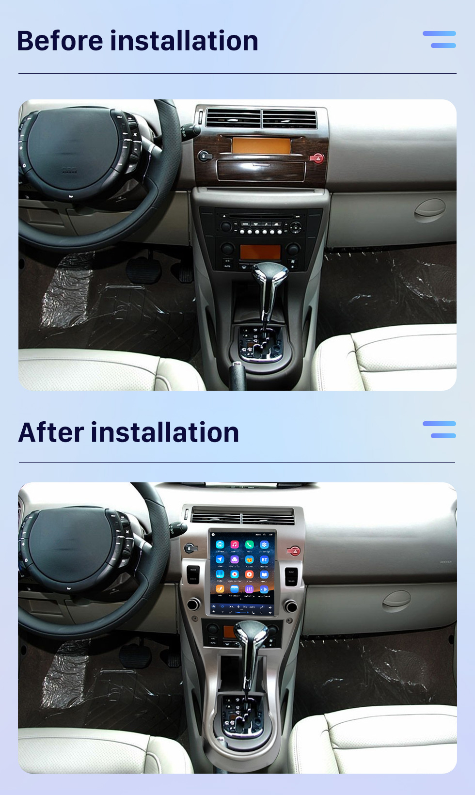 Seicane Écran tactile HD 9,7 pouces Android 10.0 pour 2008-2011 Peugeot C-QUATRE Radio Système de navigation GPS Bluetooth Support Carplay Caméra de recul DVR Commande au volant TPMS