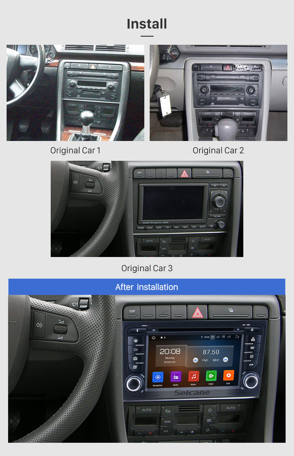 Seicane Android 11.0 Pour 2011 Audi A4 Radio 7 pouces Système de navigation GPS Bluetooth HD Écran tactile Prise en charge de Carplay Commande au volant DSP