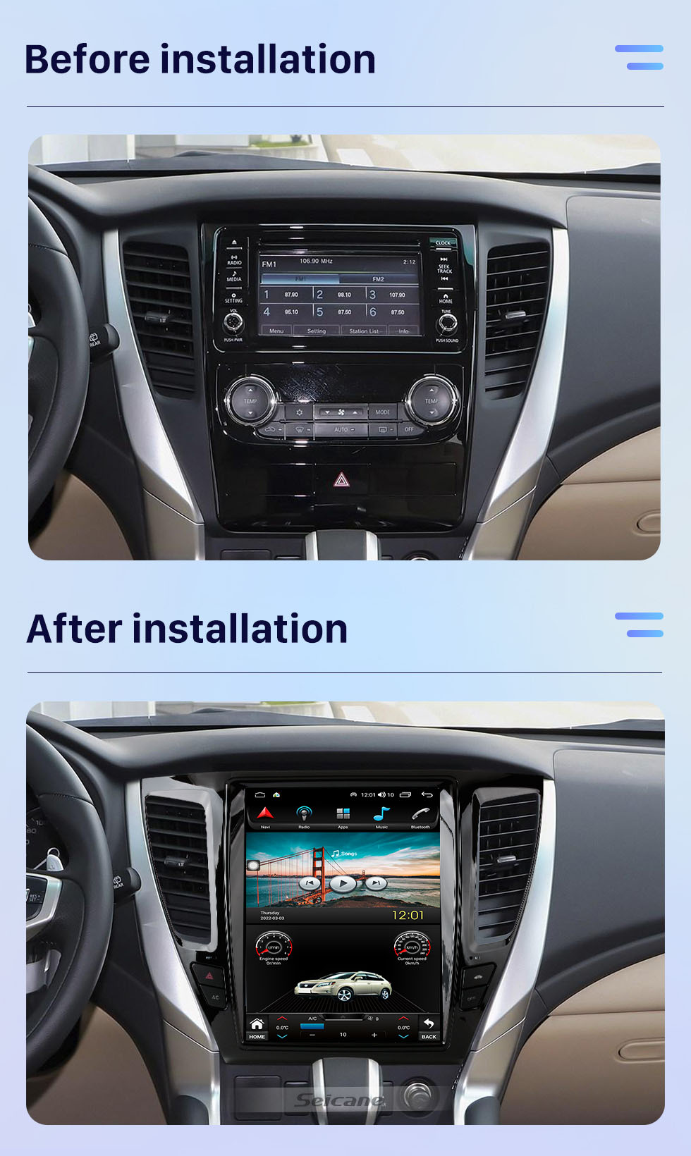 Seicane 12.1 inch Android 10.0 HD Touchscreen GPS Navigation Radio for Mitsubishi Pajero Sport V93 V97 V98 2016-2019 with Bluetooth Carplay support TPMS 
