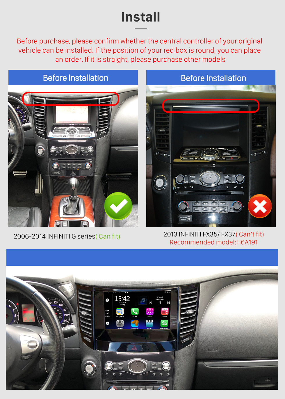 Seicane 9 pouces Android 12.0 pour 2013 INFINITI FX35/FX37 Système de navigation GPS stéréo avec caméra de recul à écran tactile Bluetooth OBD2 DVR HD