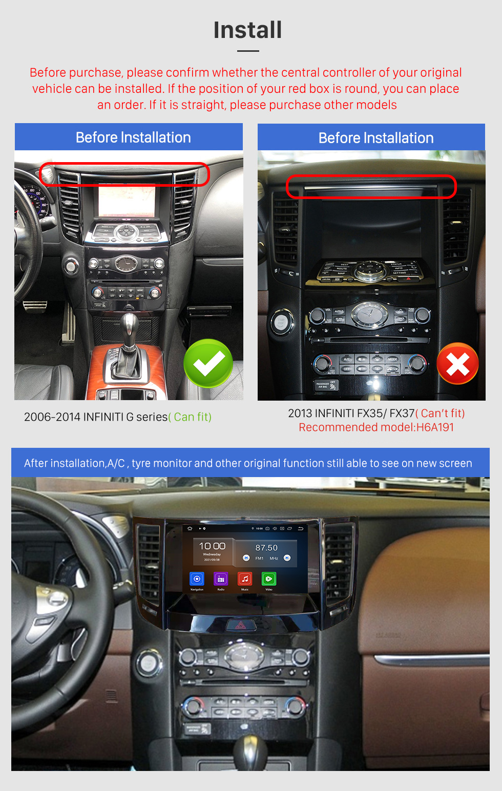 Seicane OEM Android 12.0 para 2013 INFINITI FX35/ FX37 Rádio com Bluetooth 9 polegadas HD Touchscreen Sistema de Navegação GPS Carplay suporte DSP