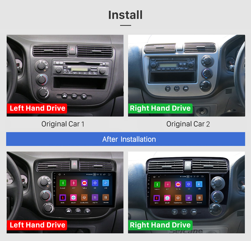 Seicane OEM Android 11.0 pour 2001-2005 Honda Civic RHD Radio A / C manuelle avec Bluetooth 9 pouces HD Système de navigation GPS à écran tactile Support Carplay DSP