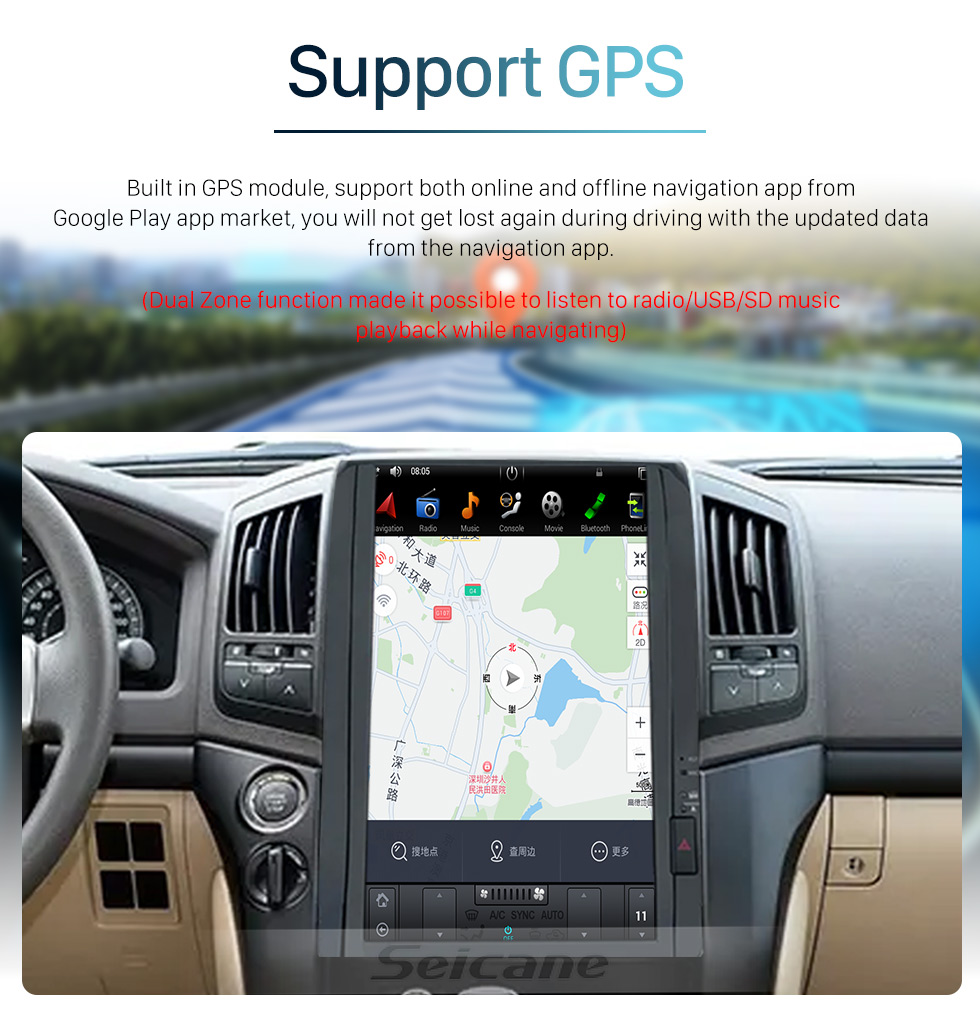 Seicane OEM 16 pulgadas Android 9.0 Radio para 2008-2015 TOYOTA LAND CRUISER Bluetooth HD Pantalla táctil Soporte de navegación GPS Carplay Cámara trasera TPMS
