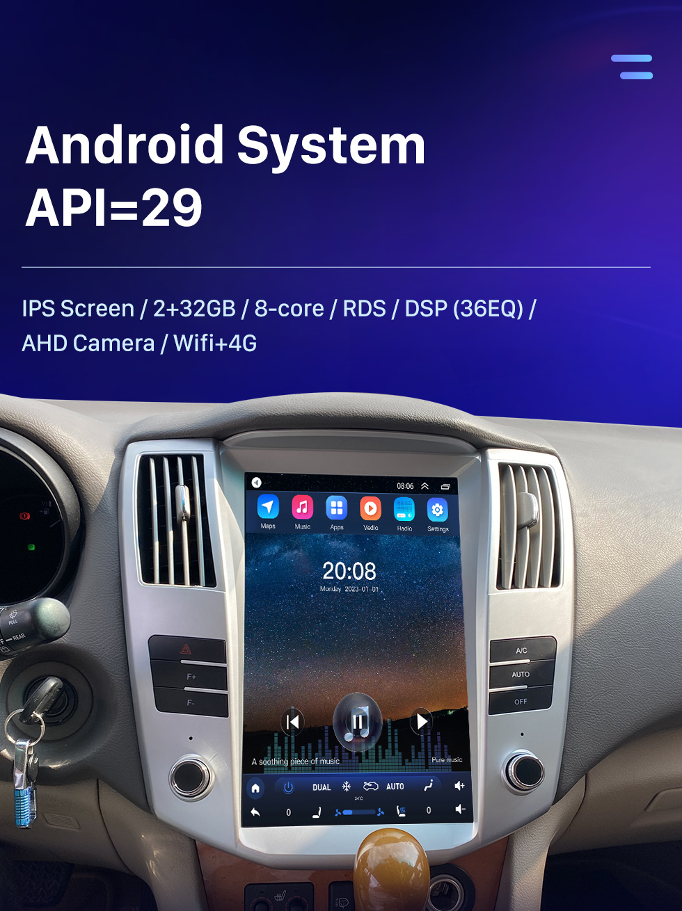 Seicane Radio de navigation GPS Android 10.0 de 12,1 pouces pour 2004 2005 2006-2008 Lexus RX330 RX300 RX350 RX400 avec écran tactile HD Prise en charge Bluetooth Carplay DVR TPMS