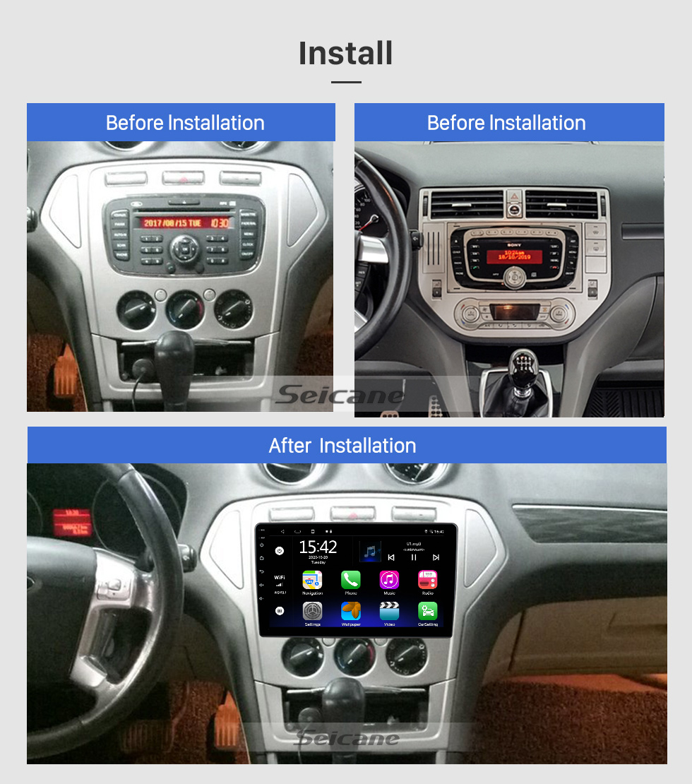 Seicane Carplay Android 13.0 9 polegadas HD Touchscreen GPS Navigation Radio para 2007 2008 2009-2011 FORD MONDEO C-MAX Kuga com suporte Bluetooth Câmera retrovisora