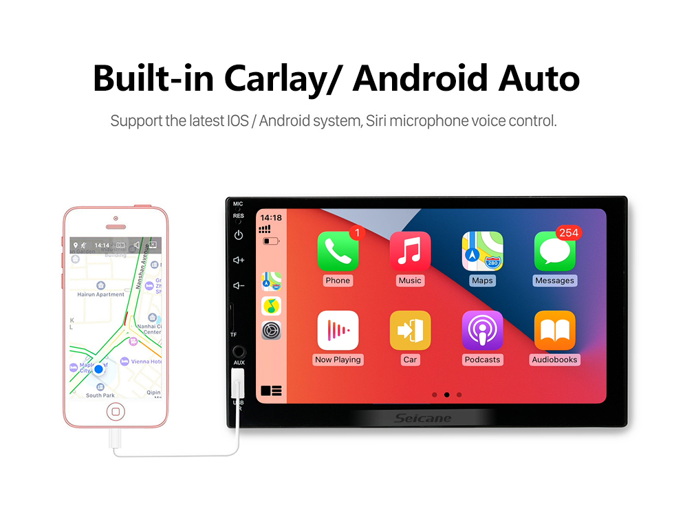 Seicane Plug and Play MP5 Player Touchscreen Rádio Bluetooth Receptor de música Suporte Carplay Android Auto IOS IPhone Siri Microfone controle de voz Câmera de segurança Controle de volante