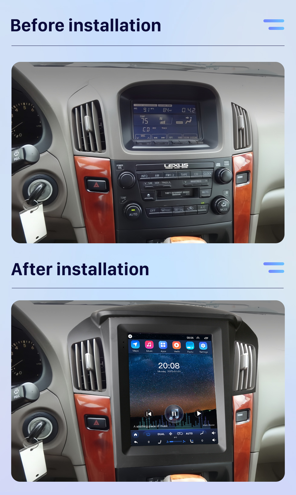 Seicane Écran tactile HD 9,7 pouces pour Lexus RX300 RX330 Toyota Harrier 1998 1997-2003 Android 10.0 Autoradio Système stéréo de voiture avec Bluetooth intégré Carplay DSP Prise en charge 360 ° Caméra DVR
