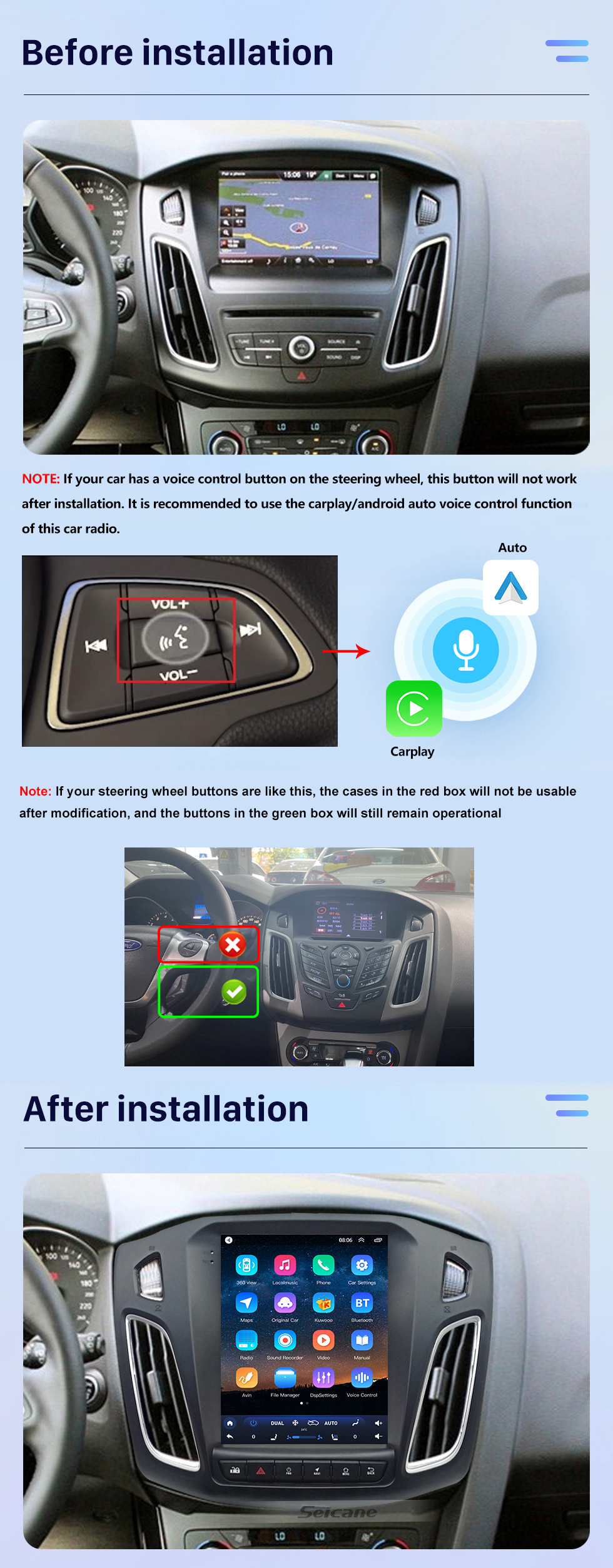 Seicane Android 10.0 para 2012-2015 Ford Focus Radio Sistema de navegación GPS con pantalla táctil HD Soporte Bluetooth Carplay OBD2 DVR TPMS