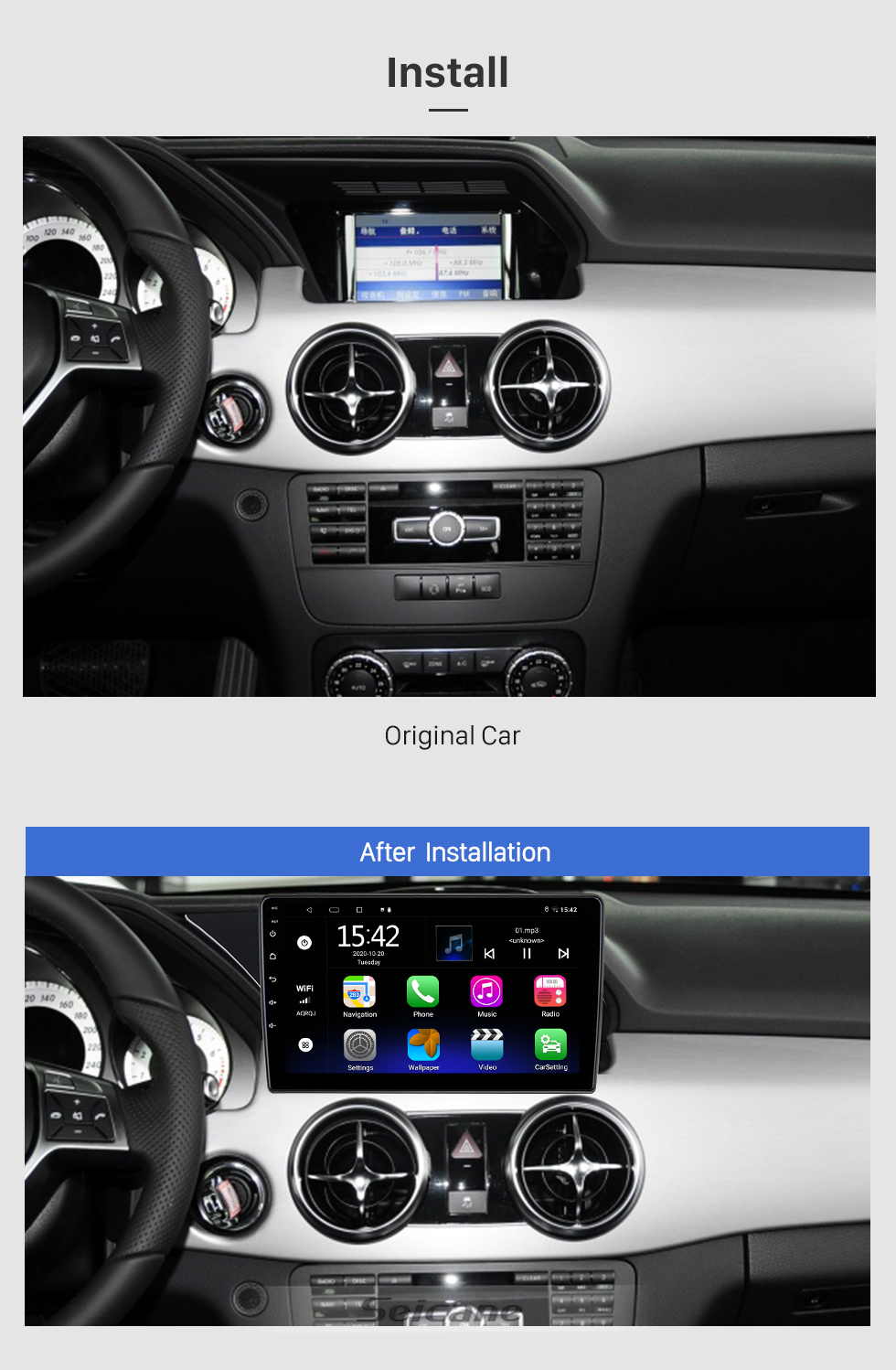 Seicane OEM 9 polegadas Android 10.0 para BENZ GLK-CLASS (X204) LHD 2012-2015 Rádio com Bluetooth HD Touchscreen Sistema de navegação GPS com suporte para Carplay DAB +