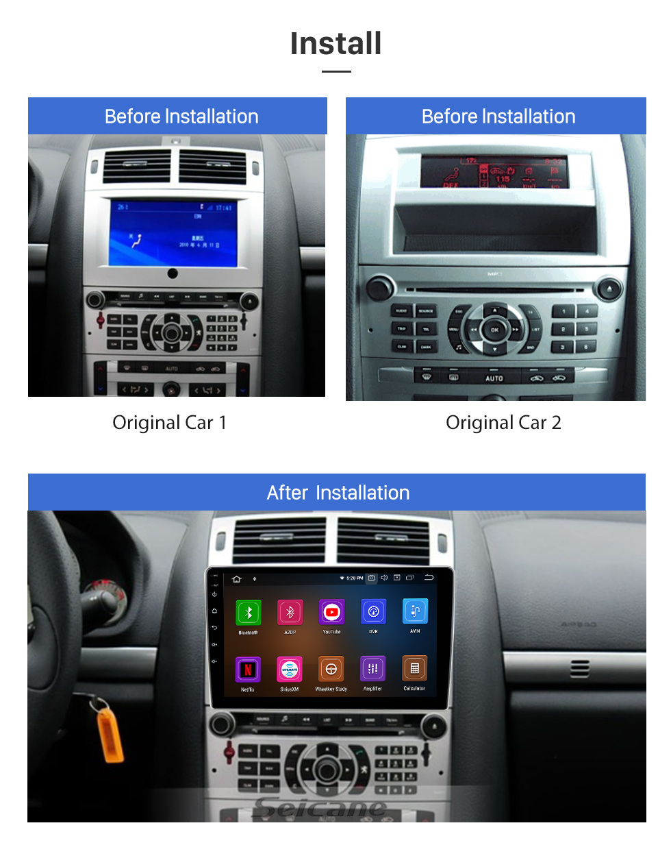 Seicane OEM 9 Zoll Android 13.0 für 2004-2008 PEUGEOT 407 Radio GPS Navigationssystem mit HD Touchscreen Bluetooth Unterstützung Carplay OBD2 DVR TPMS