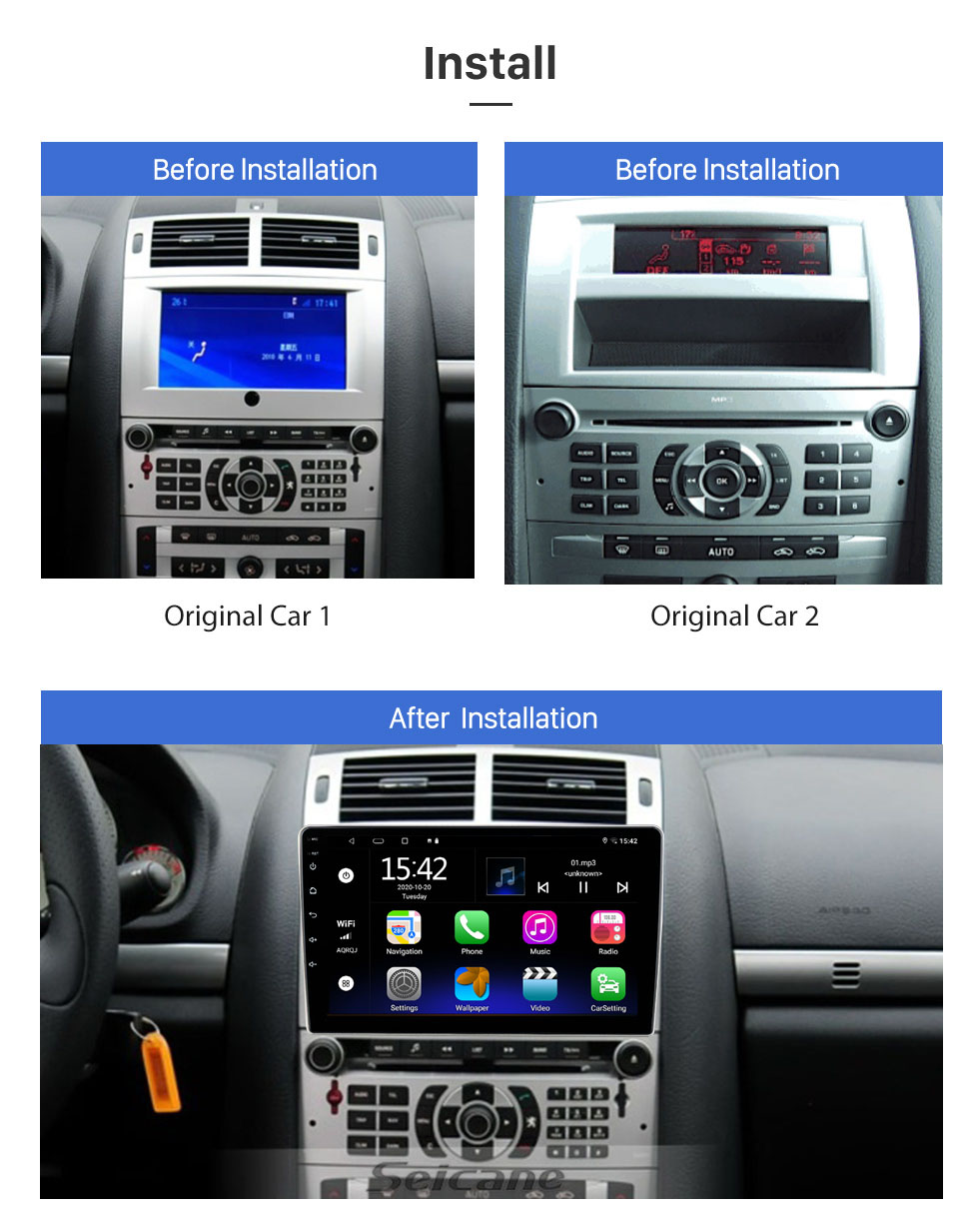 Seicane 9 polegadas Android 13.0 para 2004 2005 2006 2007 2008 PEUGEOT 407 Carplay Android sistema de navegação GPS estéreo Bluetooth com DAB OBD2 DVR TPMS Câmera retrovisora