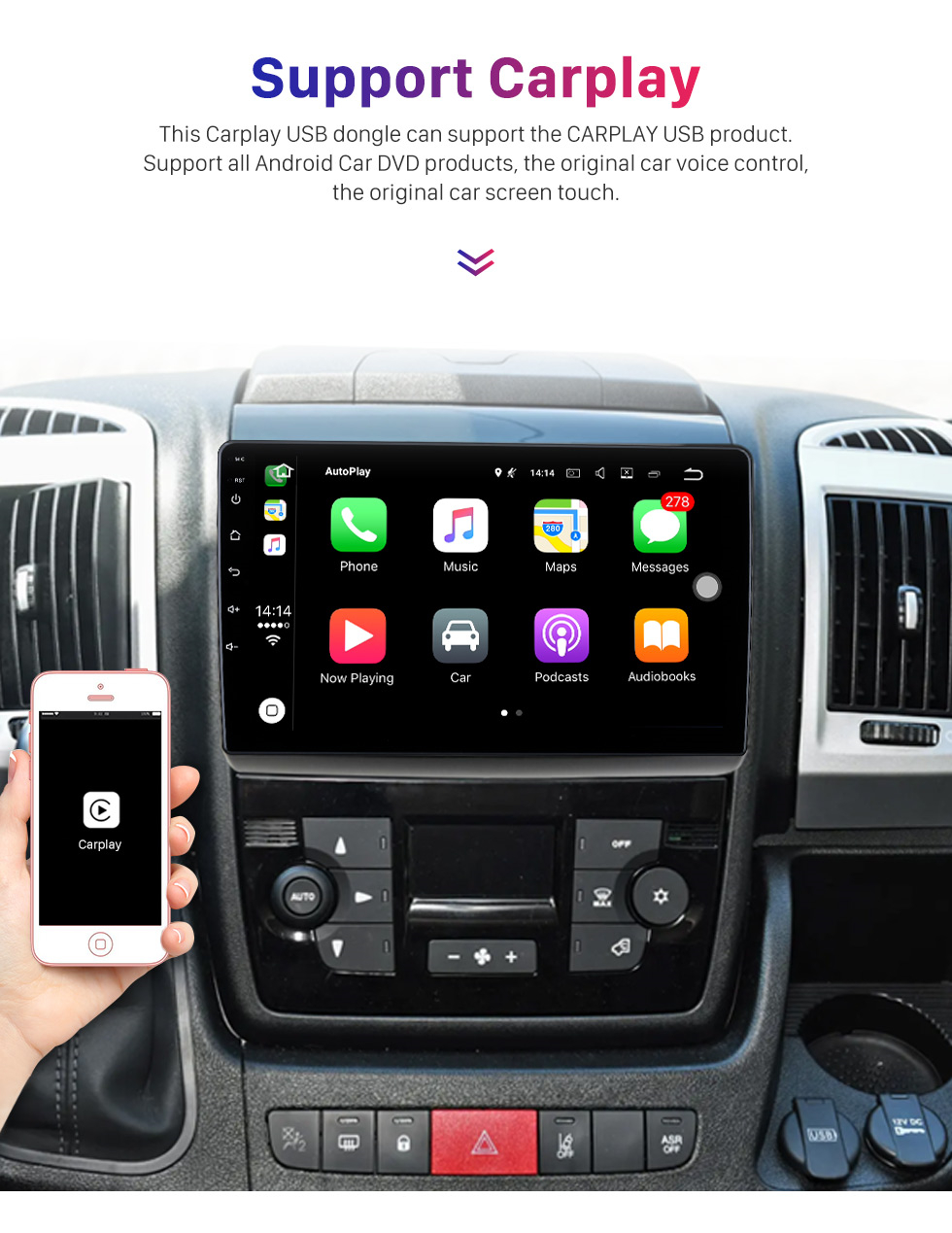 Seicane Tela sensível ao toque Android 10.0 de 9 polegadas para 2011+ FIAT DUCATO Radio Stereo com Carplay DSP RDS support Steering Wheel Control