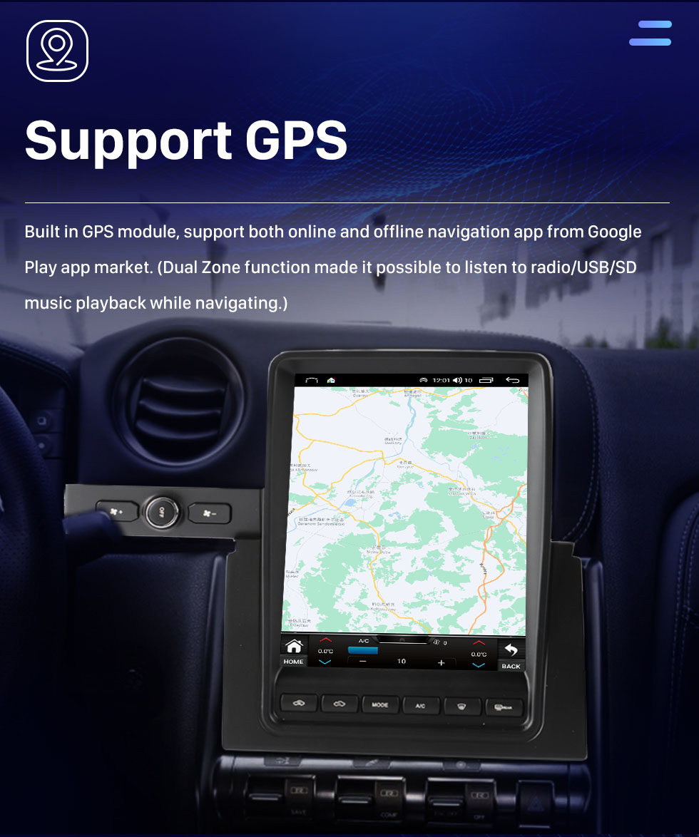 Seicane Rádio OEM Android 10.0 de 9,7 polegadas para 2008-2015 Nissan GTR GT-R R35 GT-50 R50 Bluetooth WIFI HD Touchscreen GPS Suporte de navegação Carplay AHD câmera DAB + OBD2