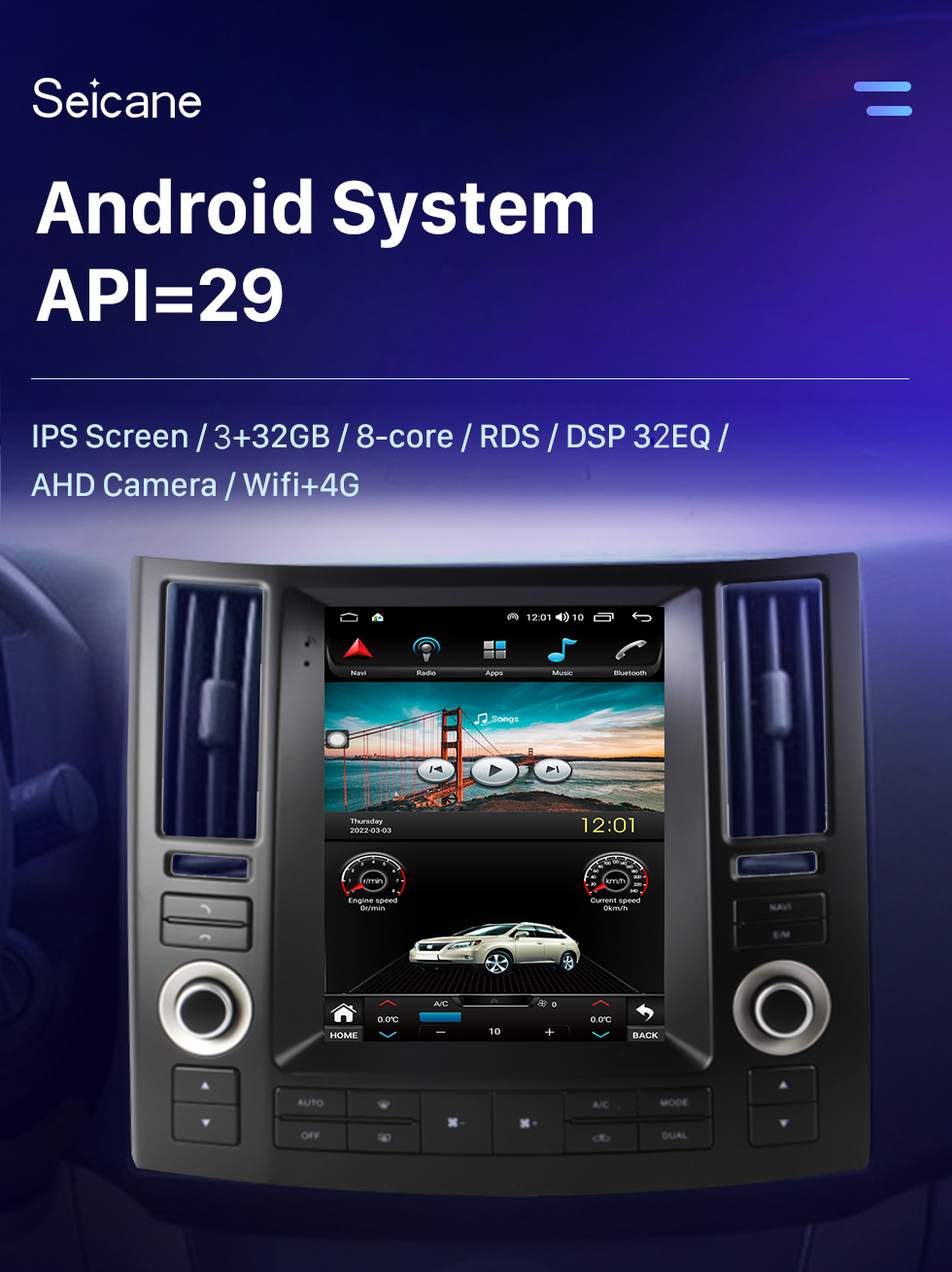 Seicane 9,7 polegadas para 2007-2009 INFINITI FX FX35 FX45 Android 10.0 Unidade principal Navegação GPS Rádio USB com USB Bluetooth WIFI Suporte DVR OBD2 TPMS Controle do volante