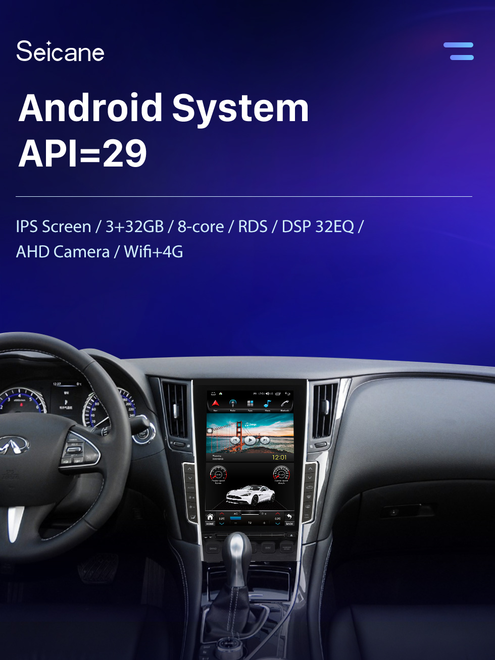 Seicane OEM 12,1 pouces Android 10.0 pour 2012-2020 INFINITI Q50L Radio Système de navigation GPS avec écran tactile HD Prise en charge Bluetooth Carplay OBD2 DVR TPMS