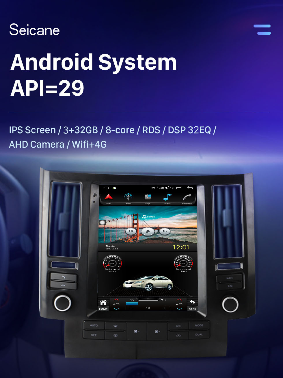 Seicane OEM 9,7 polegadas Android 10.0 para 2003-2006 INFINITI FX35 FX45 Sistema de navegação GPS com tela sensível ao toque HD Suporte a Bluetooth Carplay OBD2 DVR TPMS