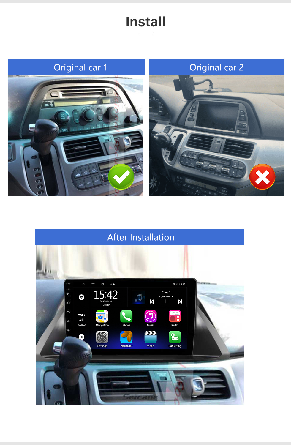 Seicane Radio stéréo Android 10.0 de haute qualité pour Honda Odyssey (LHD) 2005-2010 (Amérique du Nord) avec prise en charge Bluetooth Carplay Caméra de recul WIFI