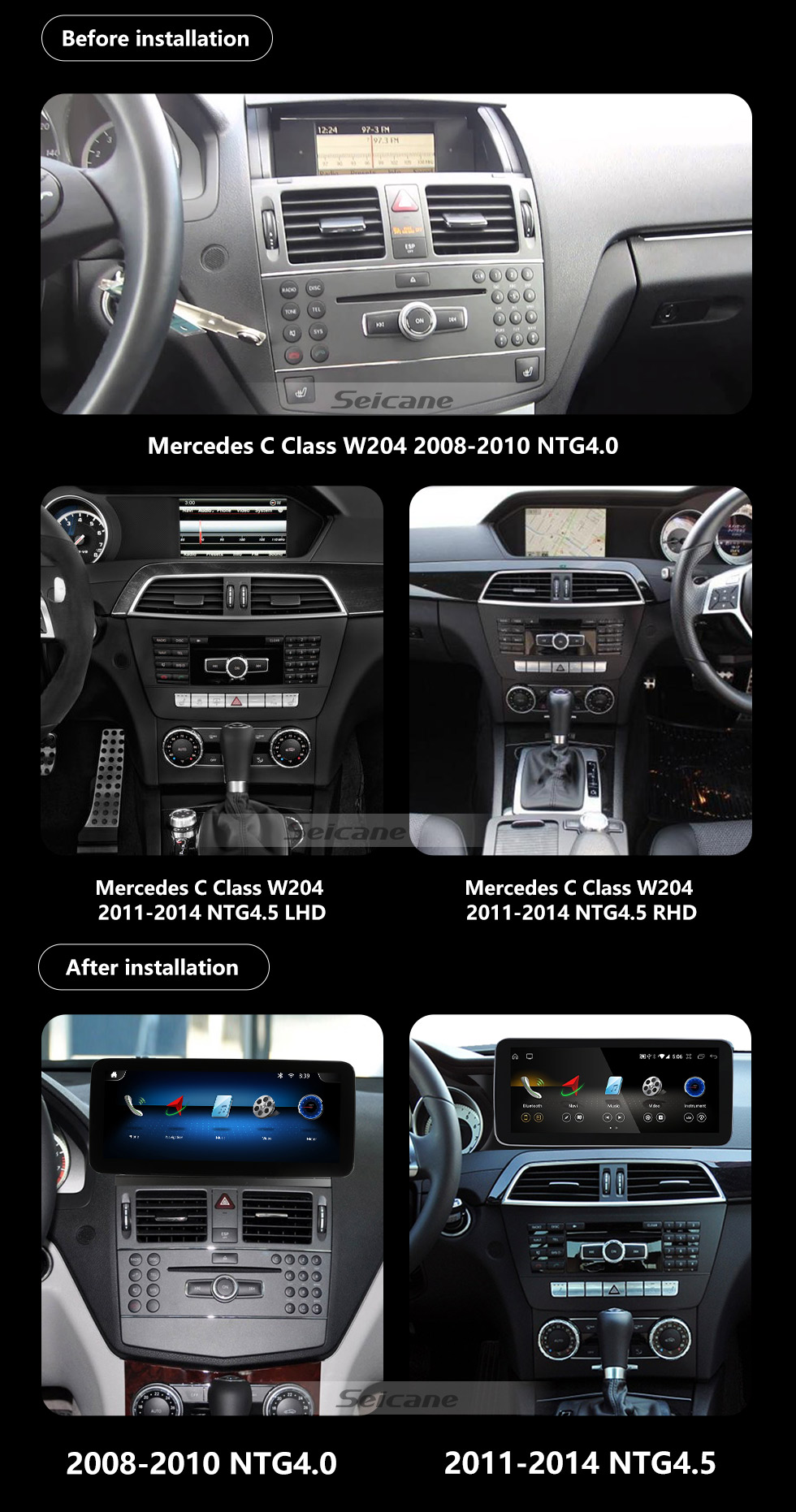 Seicane Carplay 12,3 Zoll Android 11.0 für 2008-2010 2011 2012 2013 2014 Mercedes C-Klasse W204 C180 C200 C230 C260 C280 C300 Radio-GPS-Navigationssystem mit HD-Touchscreen Bluetooth