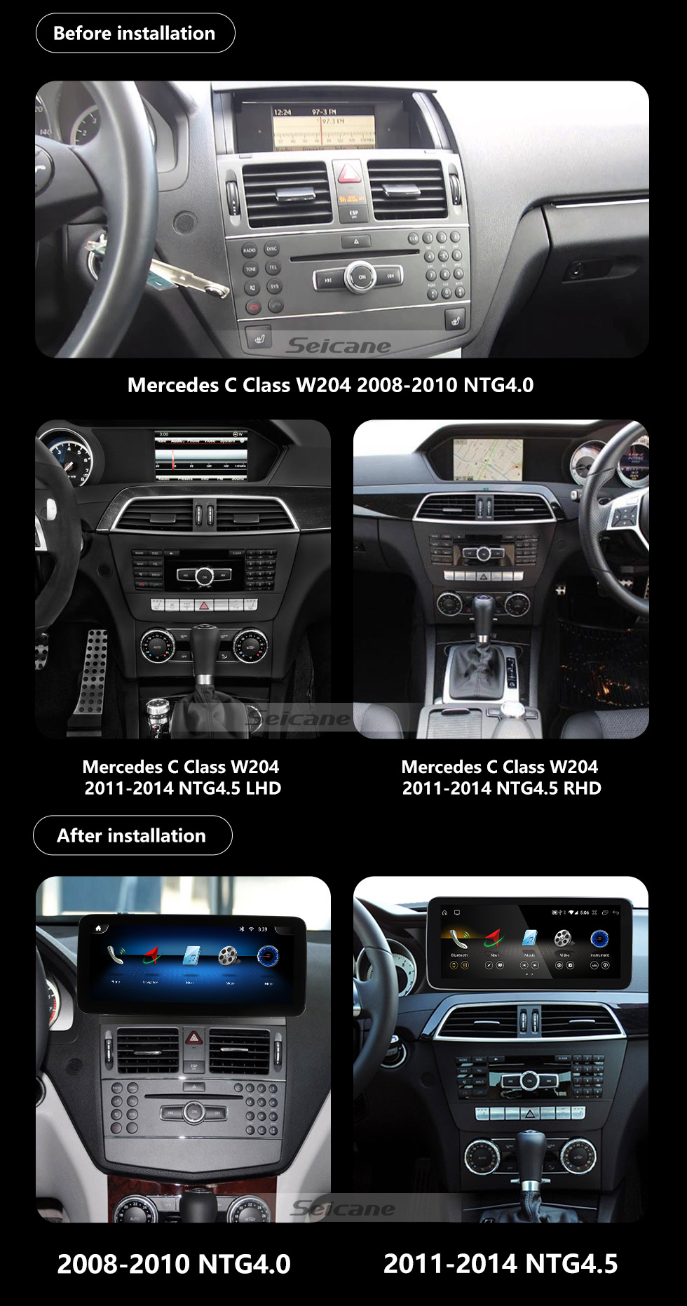 Seicane Carplay 12,3 pouces Android 11.0 pour 2008-2010 2011 2012 2013 2014 Mercedes Classe C W204 C180 C200 C230 C260 C280 C300 Radio Système de navigation GPS avec écran tactile HD Bluetooth