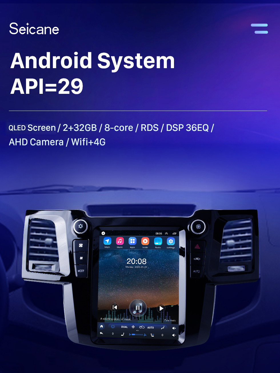 Seicane 9.7 pulgadas Android 10.0 para 2004-2015 TOYOTA Fortuner Radio Sistema de navegación GPS con Bluetooth HD Pantalla táctil Soporte Carplay DSP SWC DVR DAB + Cámara de respaldo