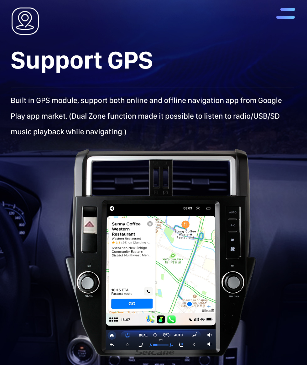 Seicane Radio de navigation GPS à écran tactile Android 10.0 HD de 12,1 pouces pour TOYOTA PRADO 2010-2013 avec Bluetooth Carplay