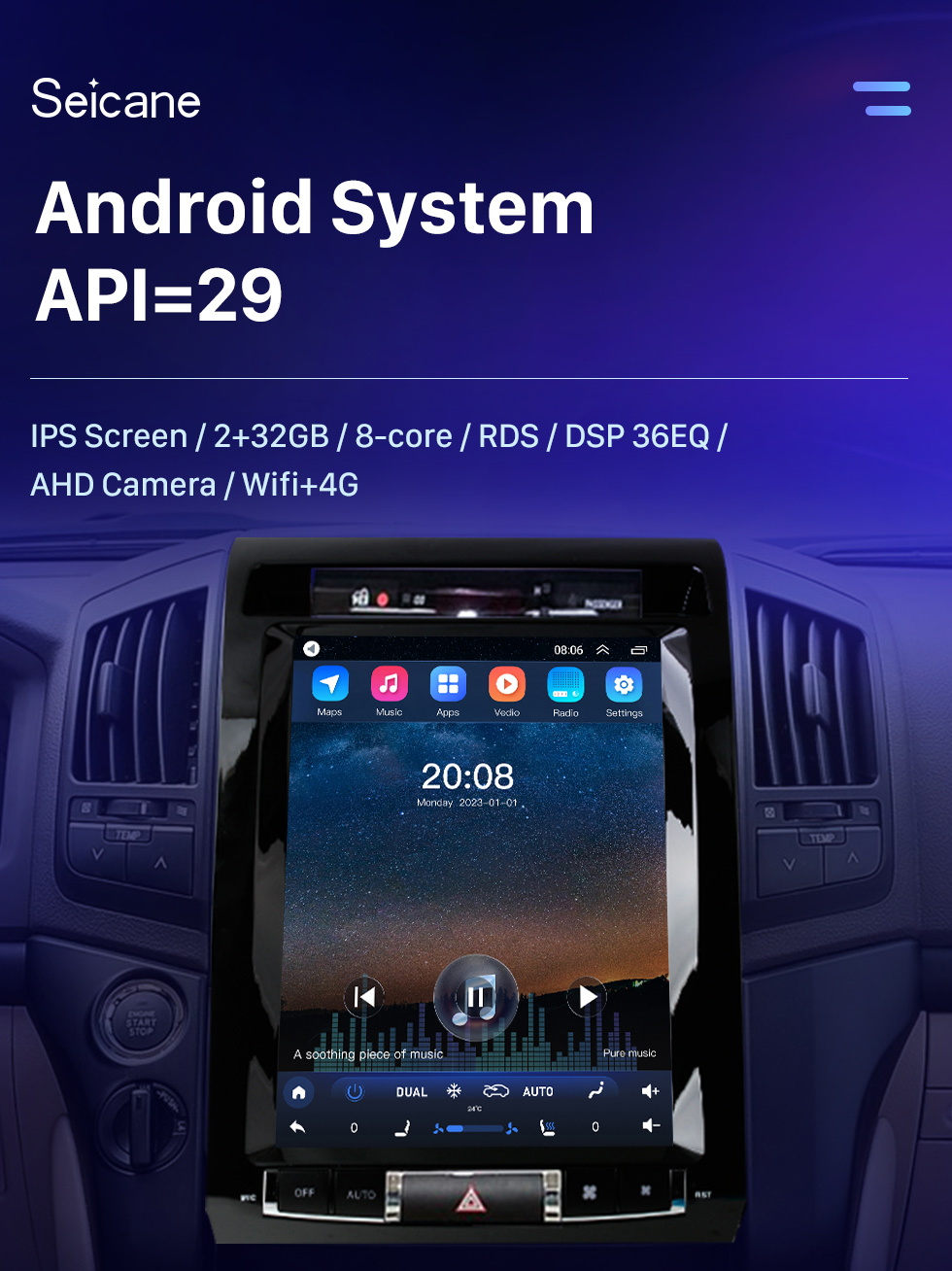 Seicane OEM 12,1 pouces Android 10.0 pour 2008-2015 TOYOTA LAND CRUISER Radio Système de navigation GPS avec prise en charge Bluetooth Carplay OBD2 DVR TPMS
