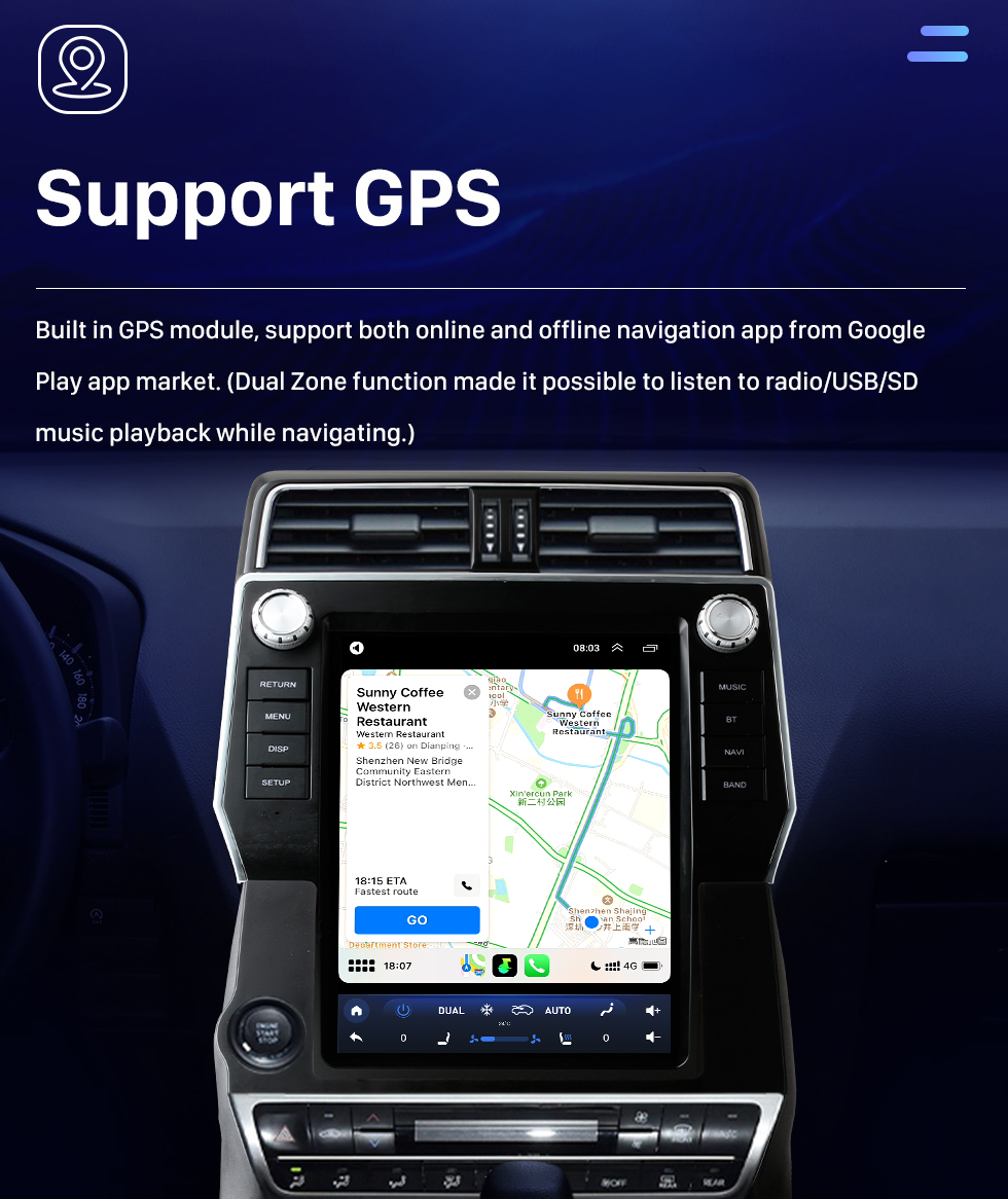 Seicane Radio de navigation GPS à écran tactile HD Android 12,1 de 10,0 pouces pour TOYOTA LAND CRUISER 2018-2020 avec Bluetooth Carplay