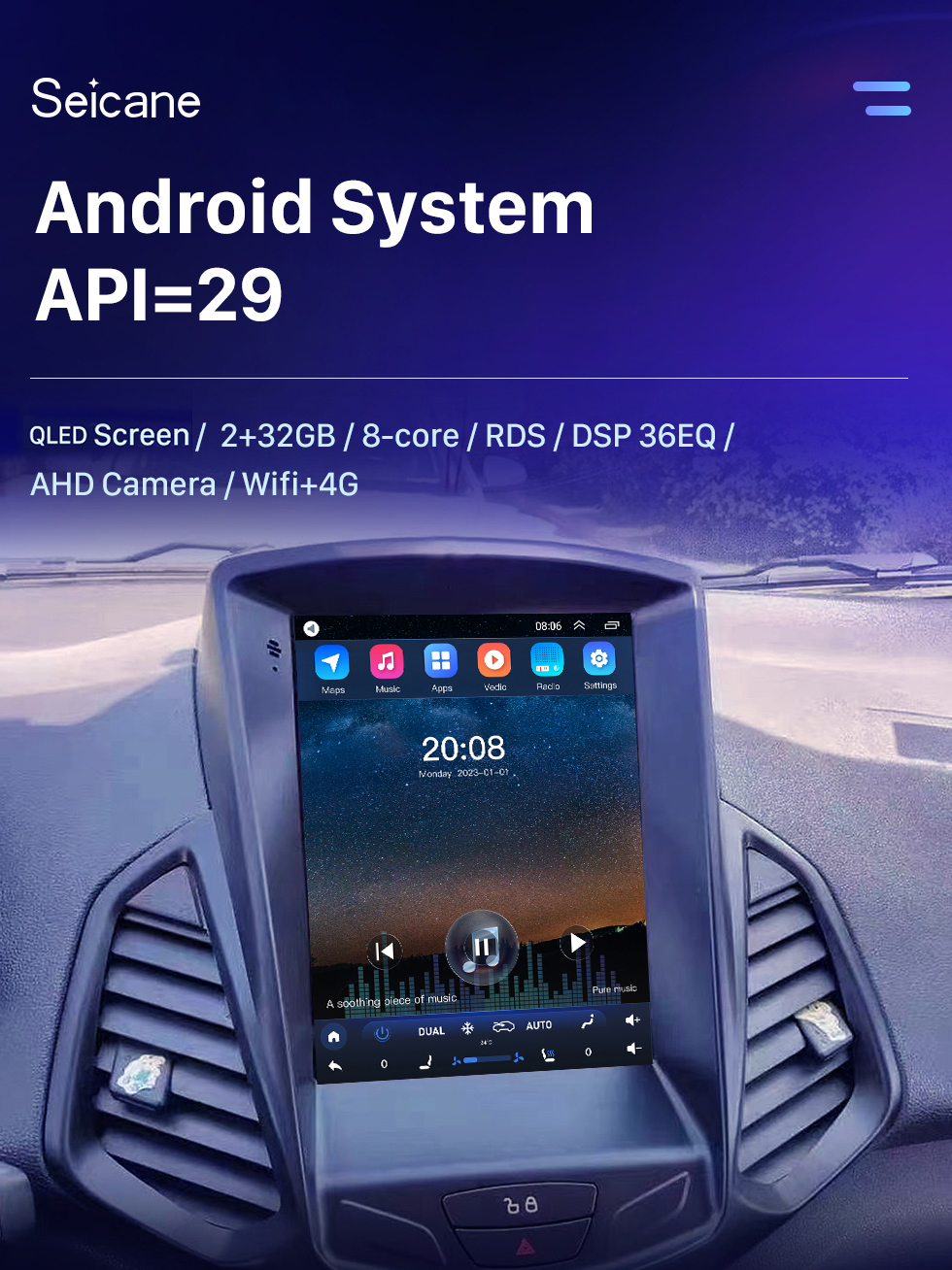 Seicane Android 10.0 de 9,7 polegadas para 2013-2017 Ford Ecosport Radio GPS Navigation System com Bluetooth HD Touchscreen Carplay support 360° Camera