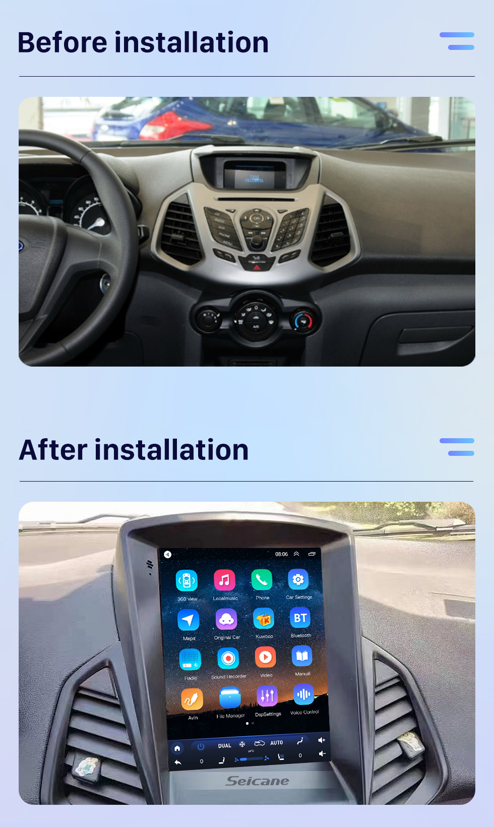 Seicane 9.7 pulgadas Android 10.0 para 2013-2017 Ford Ecosport Radio Sistema de navegación GPS con Bluetooth HD Pantalla táctil Carplay compatible con cámara de 360 °