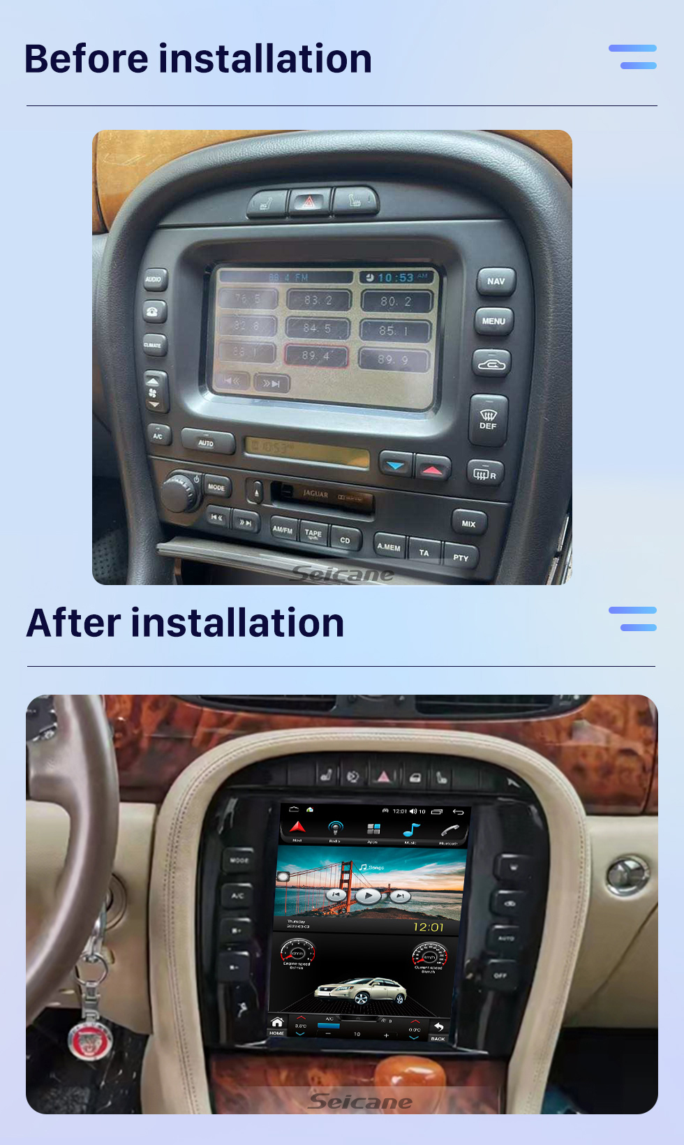 Seicane Rádio de navegação GPS Android 10.0 OEM de 9,7 polegadas para 2004-2008 Jaguar XJ estéreo com suporte para Bluetooth Carplay Controle de volante de câmera AHD