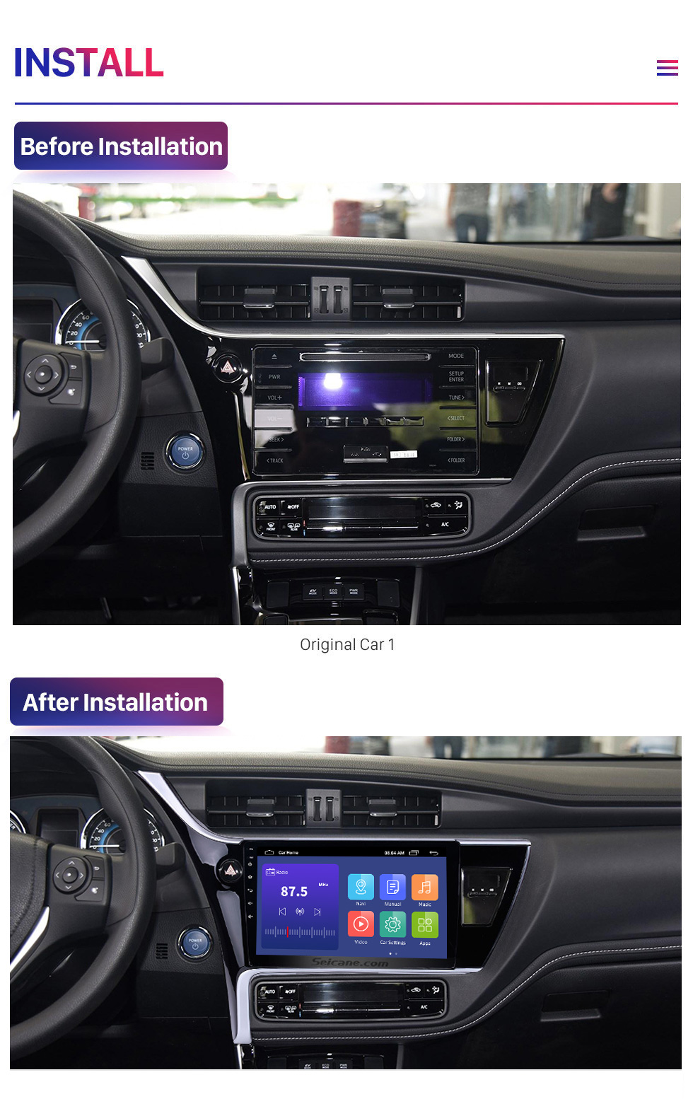 Seicane 2017 Toyota Corolla (LHD) left driving 10.1 inch Android 10.0 Radio GPS Navigation System Bluetooth HD 1024*600 Touch Screen WiFi Mirror Link Seicane 2017 Toyota Corolla (LHD) left driving 10.1 inch Android 10.0 Radio GPS Navigation System Bluetooth HD 1024*600 Touch Screen WiFi Mirror Link