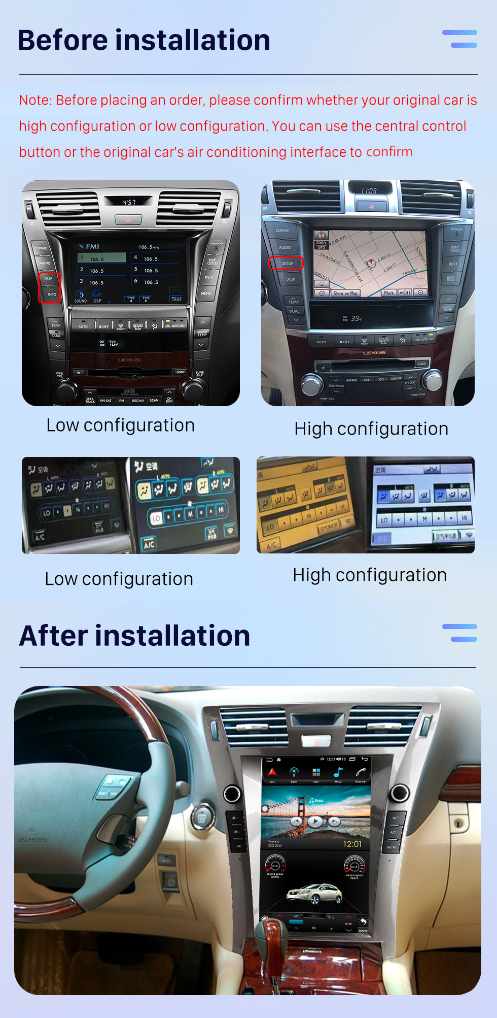 Seicane 12.1-inch Android Tesla Screen for 2006 2007-2013 Lexus LS460 Stereo Upgrade with Carplay Bluetooth support AHD Camera Steering Wheel Control