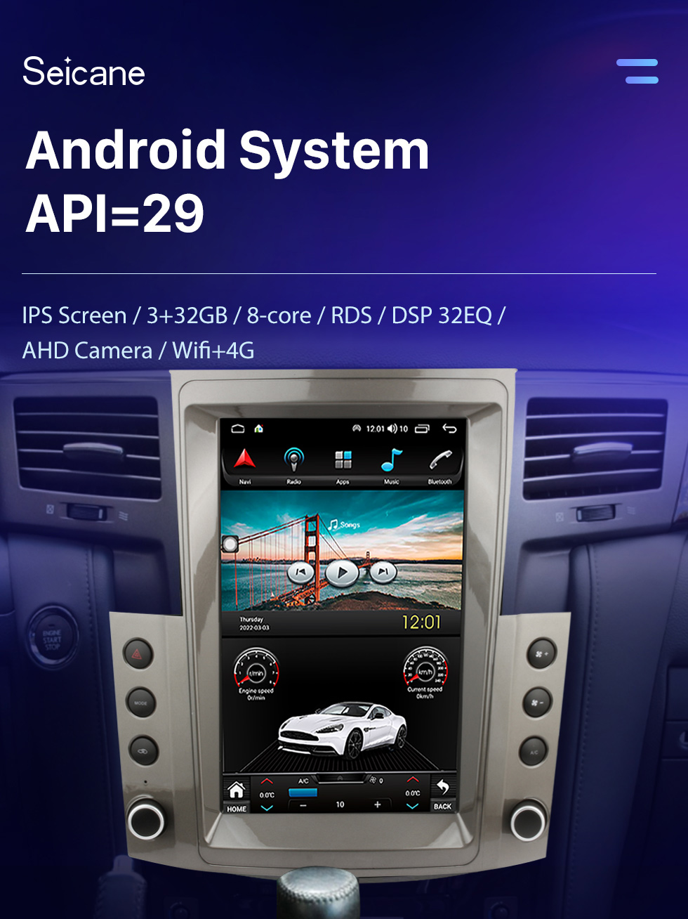 Seicane 12,1-Zoll-Autoradio Android 10.0 für 2007-2009 Lexus LX570 GPS-Navigationssystem mit Bluetooth Carplay-Unterstützung OBD2 DVR TPMS