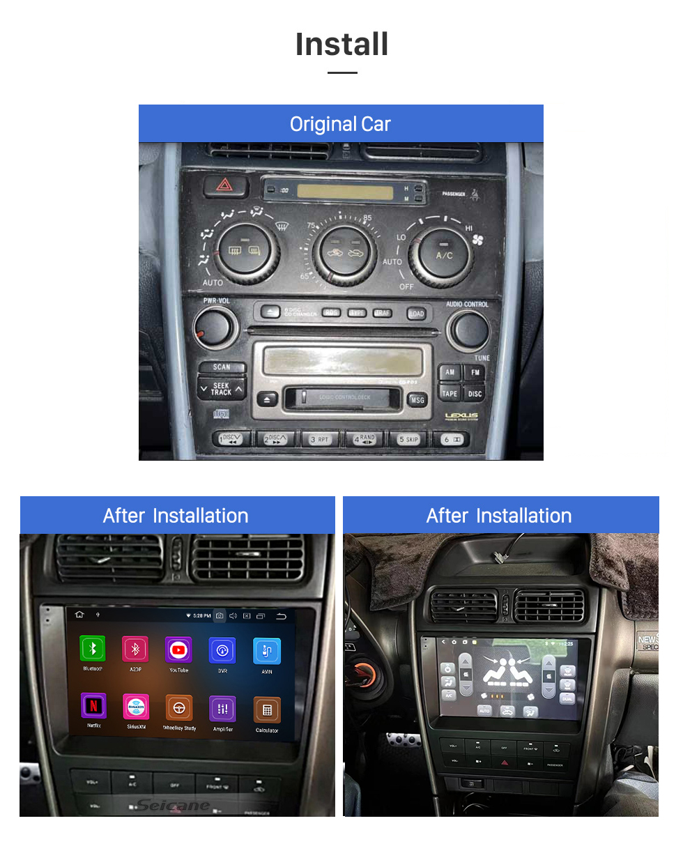Seicane Tela de toque Android 13.0 Rádio para Lexus IS300 IS200 XE10 1999-2005 Toyota Altezza XE10 1998-2005 Atualização estéreo com suporte a Carplay DSP Câmera de visão traseira