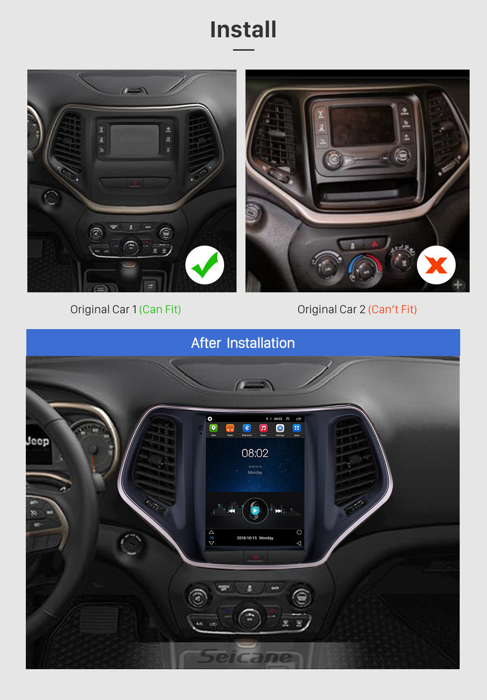 Seicane 9,7 polegadas HD Touch Screen 2016 2017 2018 Jeep Cherokee Android 9.1 Rádio Navegação GPS Música Bluetooth USB WIFI Sistema de áudio Suporte DVR OBD2 TPMS TV Digital Seicane 9,7 polegadas HD Touch Screen 2016 2017 2018 Jeep Cherokee Android 9.1 Rádio Navegação GPS Música Bluetooth USB WIFI Sistema de áudio Suporte DVR OBD2 TPMS TV Digital