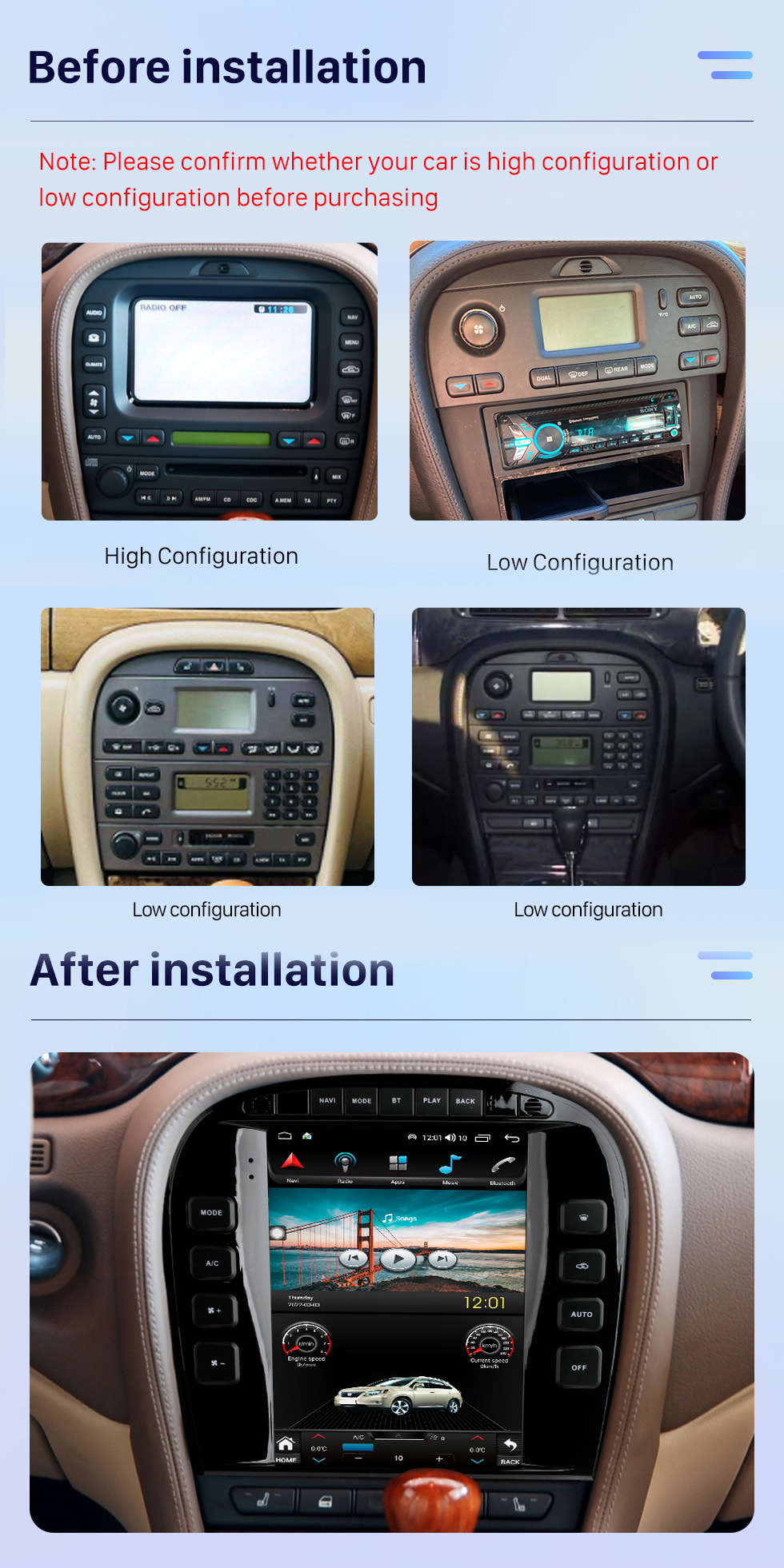Seicane Tela sensível ao toque de 9,7 polegadas Android 10.0 estéreo para 2004 Jaguar S-TYPE Rádio de reposição com Carplay integrado Bluetooth Suporte para GPS Controle de volante com câmera de 360°