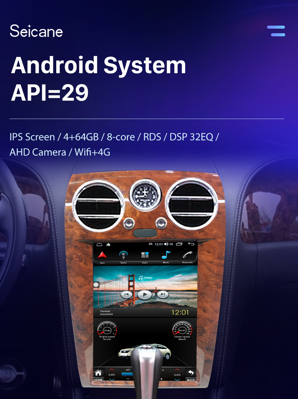 Seicane 12,1 pouces Android 10.0 HD Radio de navigation GPS à écran tactile pour 2005-2012 Bentley Flying Spur Continenta avec Bluetooth Carplay