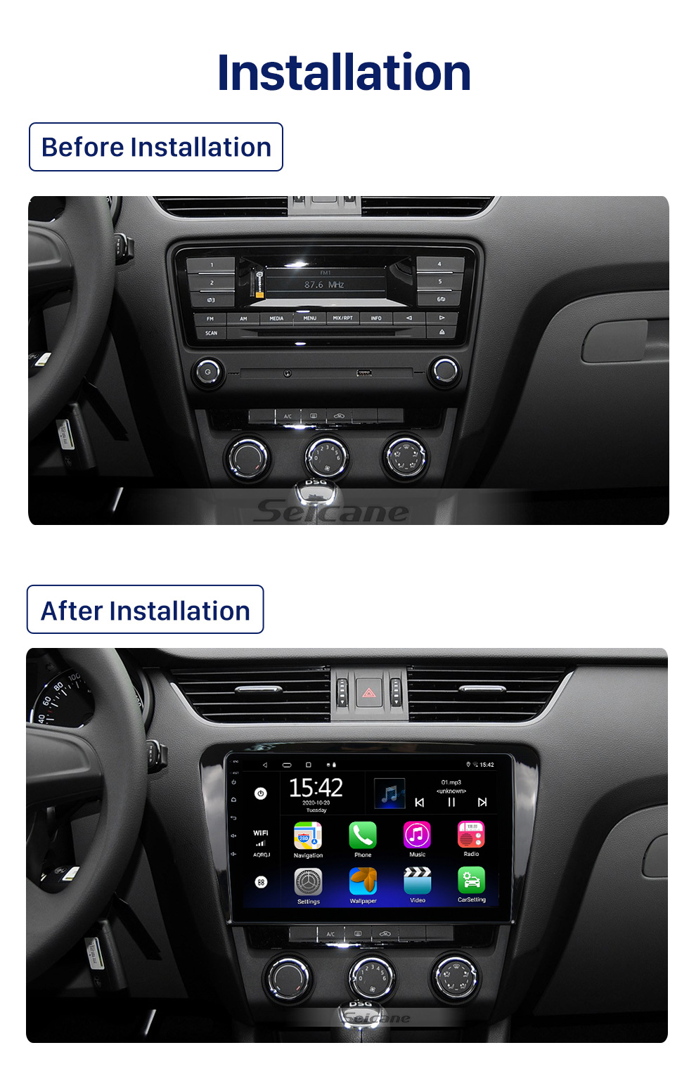Seicane 10,1 Zoll Android 10.0 für 2013 SKODA OCTAVIA Stereo-GPS-Navigationssystem mit Bluetooth-Touchscreen-Unterstützung Rückfahrkamera