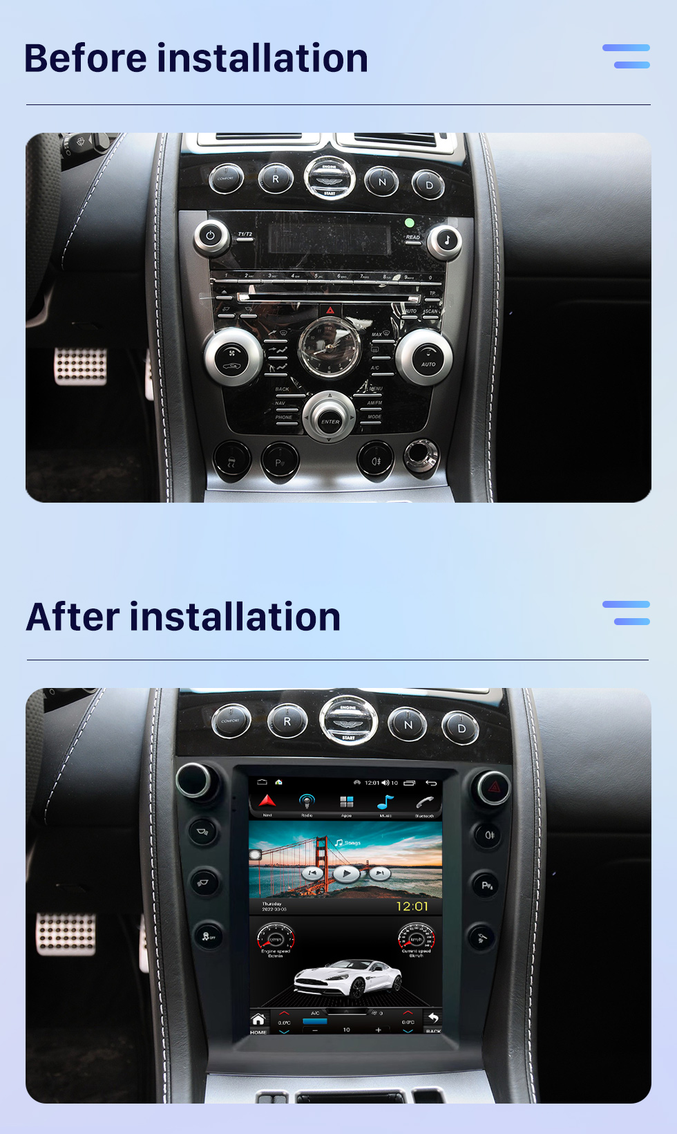 Seicane OEM 9,7 Zoll Android 10.0 für 2005-2015 AstonMartin Radio GPS Navigationssystem mit HD Touchscreen Bluetooth Carplay Unterstützung OBD2 DVR TPMS