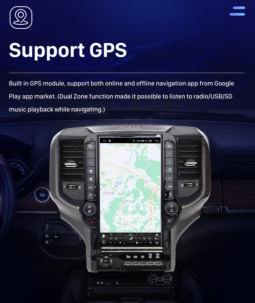 Seicane Carplay OEM 12,1 pouces Android 10.0 pour 2019 2020 2021 Dodge RAM Radio Système de navigation GPS automatique Android avec écran tactile HD Prise en charge Bluetooth OBD2 DVR
