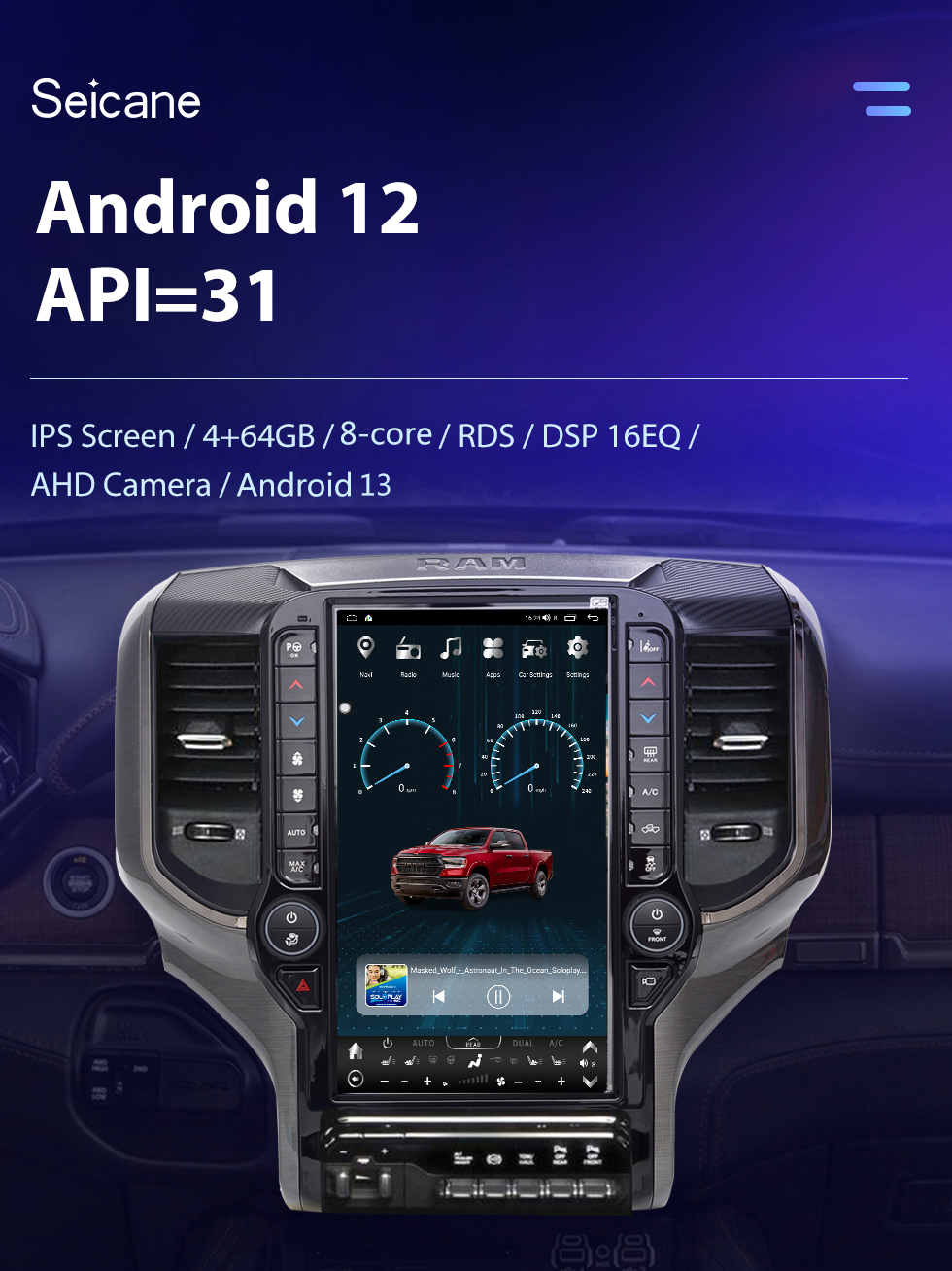 Seicane Carplay OEM 12.1 pulgadas Android 10.0 para 2019 2020 2021 Dodge RAM Radio Sistema de navegación GPS automático Android con pantalla táctil HD Soporte Bluetooth OBD2 DVR