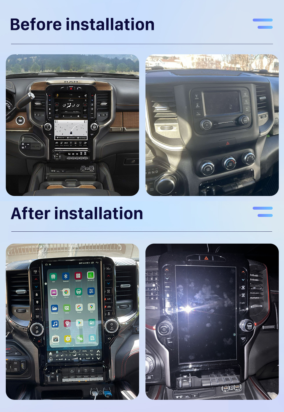 Seicane Carplay OEM 12.1 pulgadas Android 10.0 para 2019 2020 2021 Dodge RAM Radio Sistema de navegación GPS automático Android con pantalla táctil HD Soporte Bluetooth OBD2 DVR