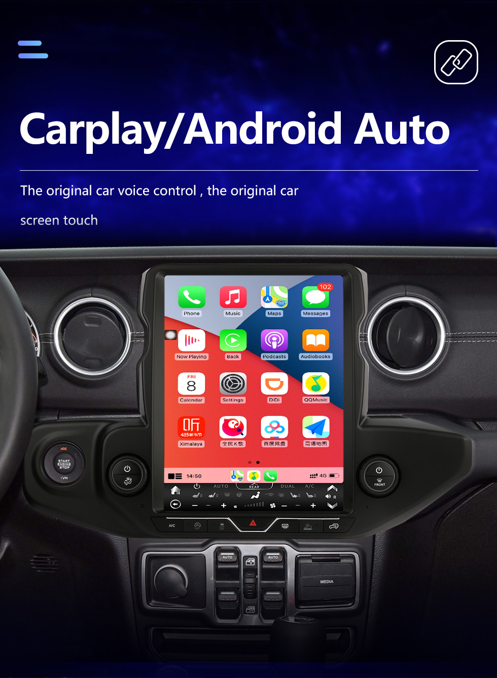 Seicane Carplay 13.6 pulgadas Android 10.0 Pantalla táctil Multimedia para 2018-2021 JEEP WRANGLER Radio Android Auto con sistema de navegación GPS Soporte Bluetooth Cámara de visión trasera WIFI OBD2