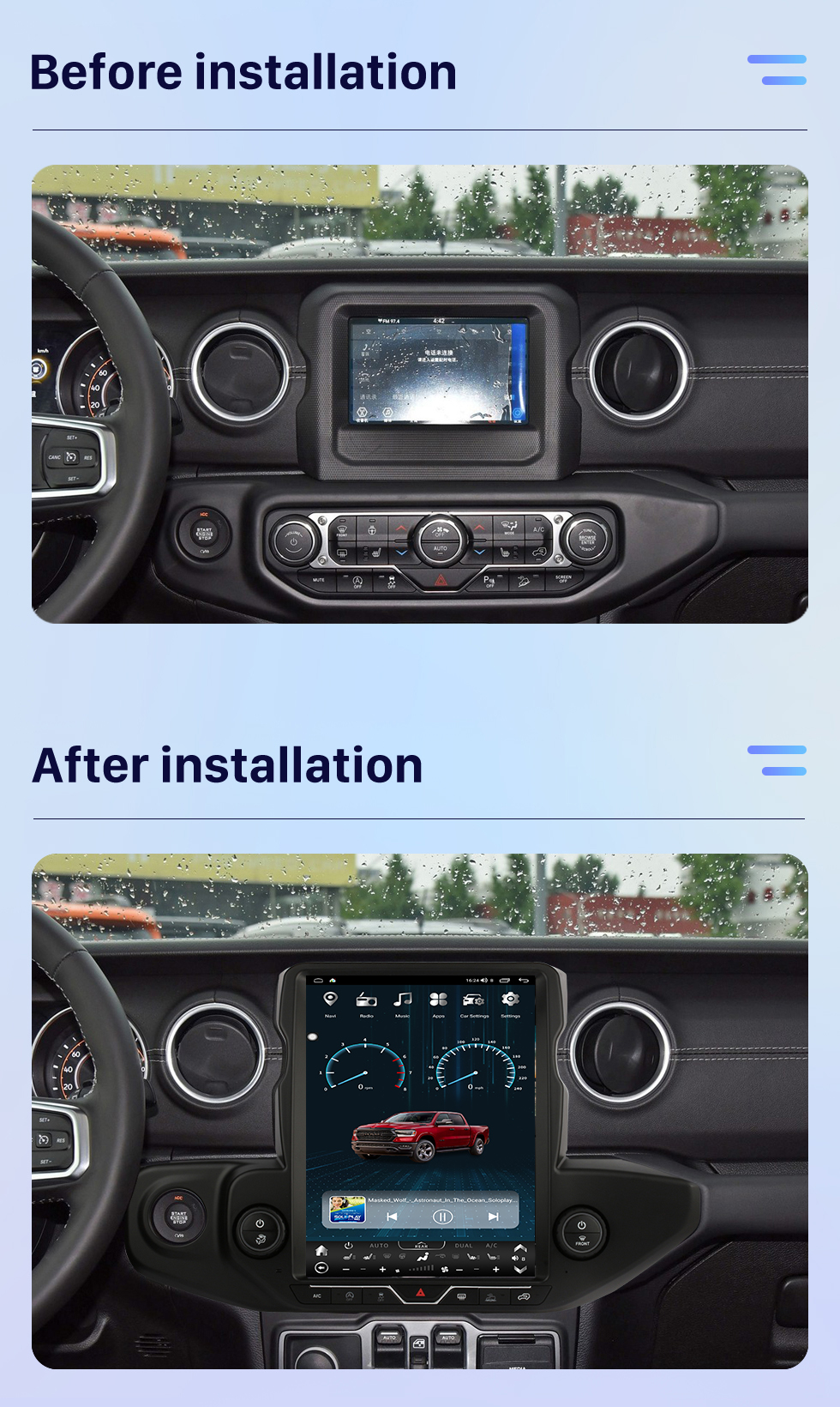 Seicane Carplay 13.6 pulgadas Android 10.0 Pantalla táctil Multimedia para 2018-2021 JEEP WRANGLER Radio Android Auto con sistema de navegación GPS Soporte Bluetooth Cámara de visión trasera WIFI OBD2