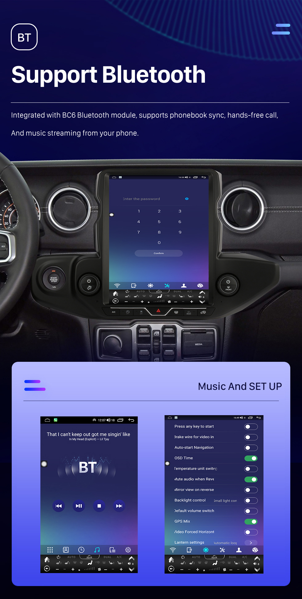 Seicane Carplay 13,6 pouces Android 10.0 Multimédia à écran tactile pour 2018-2021 JEEP WRANGLER Radio Android Auto avec système de navigation GPS Prise en charge Bluetooth Caméra de recul WIFI OBD2