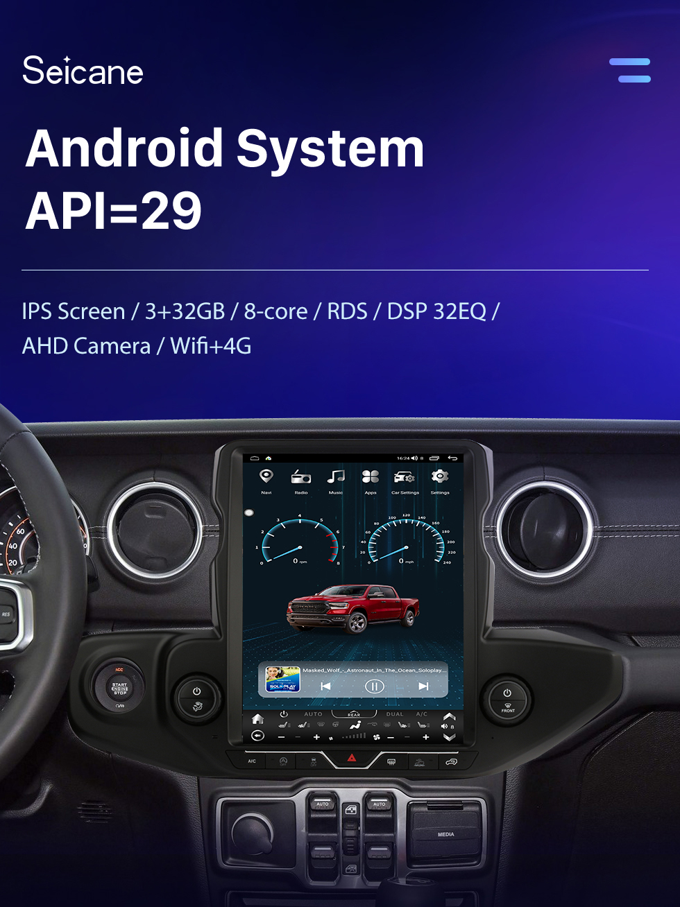 Seicane Carplay 13,6 pouces Android 10.0 Multimédia à écran tactile pour 2018-2021 JEEP WRANGLER Radio Android Auto avec système de navigation GPS Prise en charge Bluetooth Caméra de recul WIFI OBD2